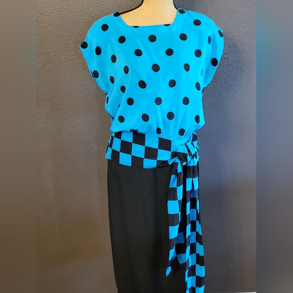 Adele Simpson Vtg 80s Skirt Set Blue/Black Size 14